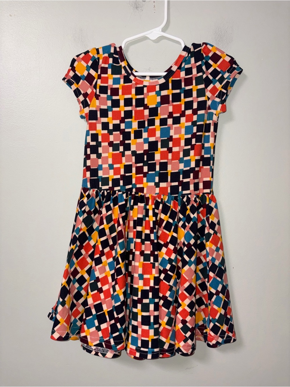 Dot Dot Smile Cap Sleeve Twirl Dress Multicolor Geometric Squares 2T